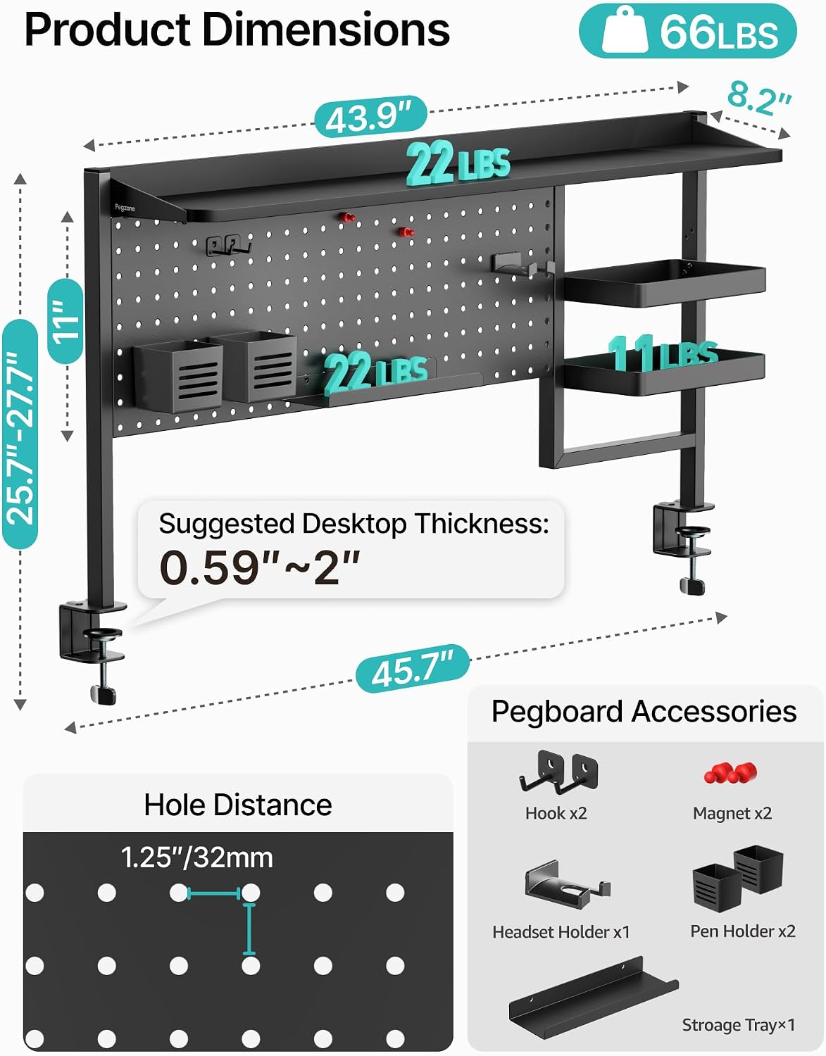 44" Clamp on Desk Shelf, Desktop Shelving System, Bundle with 8 Pieces Accessories, Black - Image 3
