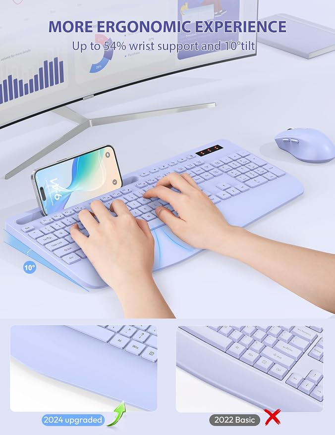 Wireless Keyboard and Mouse Combo, Full Size, Ergonomic Wrist Rest | 2.4G Lag-Free, 3-Level DPI, Phone Holder, Silent Typing, KM23D Batteries Powered Set for PC, Laptop, Windows, macOS (Purple) - Image 2