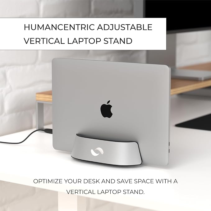 HumanCentric Vertical Laptop Stand in Silver Aluminum, Adjustable | Upright Holder & Dock, Fits MacBook Pro & Laptops .5" to 1.5", Clamshell Compatible, Laptop Vertical Stand - Image 2