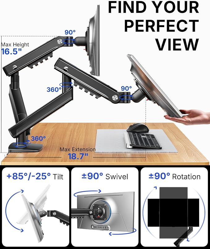 HUANUO FlowLift Pro Dual Monitor Mount for 13–27" Screens, MechaSpring Monitor Stand, Adjustable Monitor Arms for 2 Monitors with Tilt/Swivel/Rotation, Tool-Free VESA Mount, Max Load 15.4 lbs - Image 6