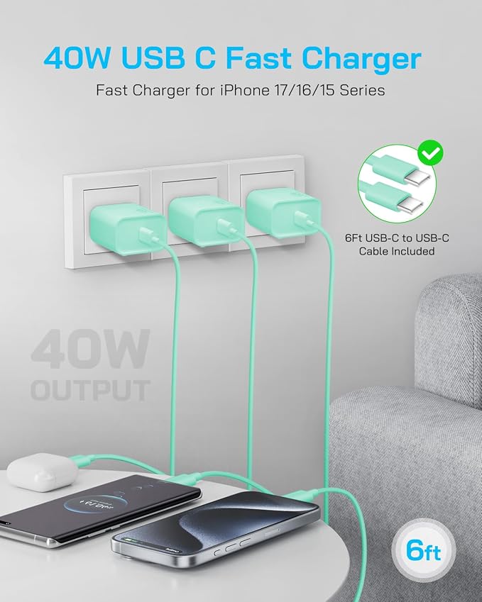 GUUSMART 40W iPhone 17/16/15 Charger Fast Charging 3 Pack Type C Chargers | USB C Charger Block for iPhone 17/16/15 Pro Max, 17/16/15 Plus, iPad Pro with Long 6 FT iPhone Charger USB C Cable-Green - Image 4
