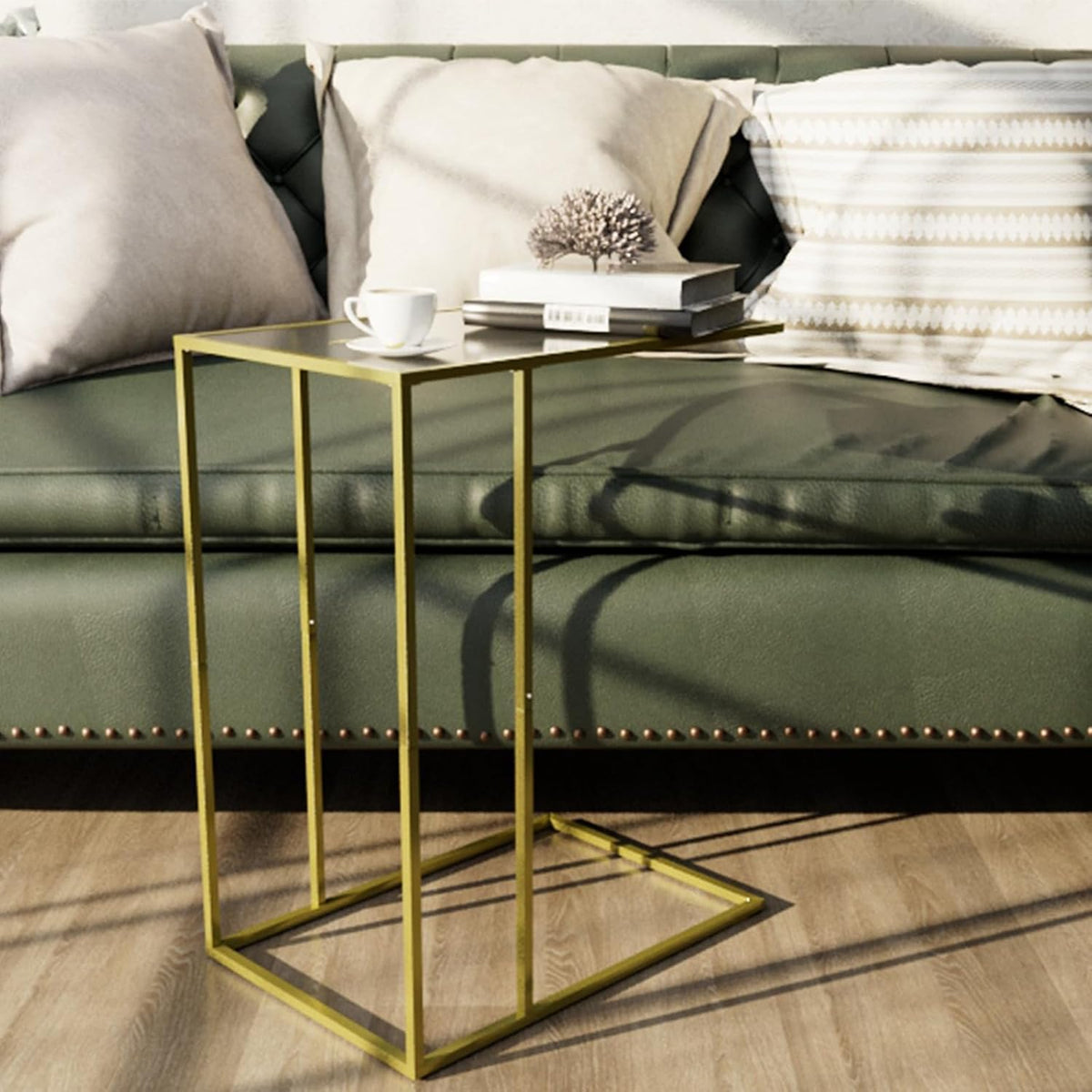 C Shaped End Side Table Set of 2,Couch Sofa Table for Small Space,Tempered Glass Snack Side Table with Metal Frame for Living Room, Bedroom, Bedside, Modern Style, Gold - Image 5