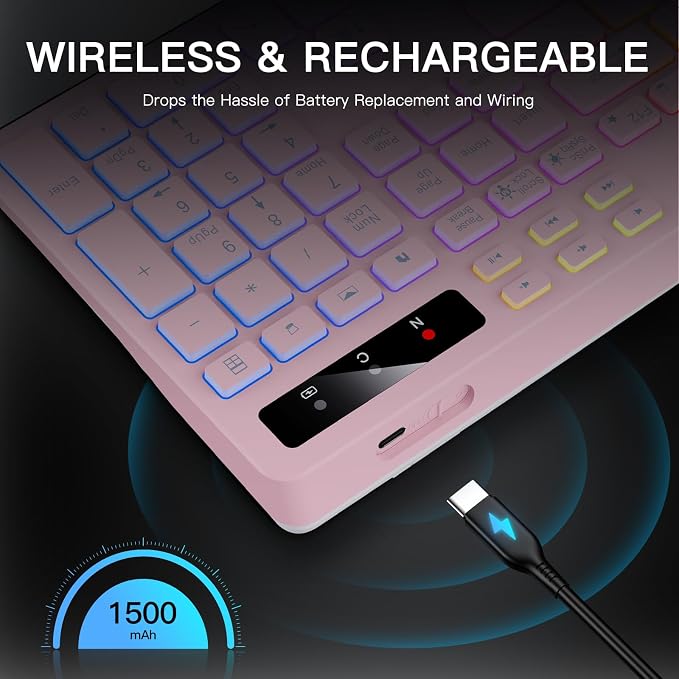 Soueto Wireless Keyboard with 7-Color RGB Backlit, Full-Size Computer Keyboard with Phone Tablet Holder, 2.4G Rechargeable Gaming Keyboard with Light Up Keys, Compatible with Mac, Windows (Pink) - Image 6