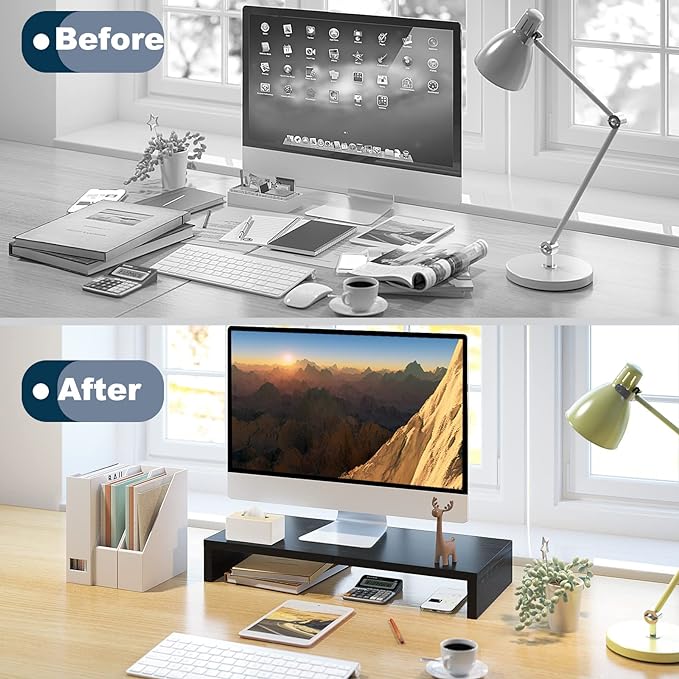 TEAMIX 20 Inch Monitor Stand Riser for Desk, Wood Computer Stand, Black | Fits Laptop, Printer, TV, PC Tower, Full Keyboard Storage Underneath, Ergonomic, Desk Organizer for Home Office, Gaming Setup - Image 6