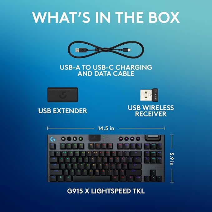 Logitech G915 X Lightspeed TKL Wireless Gaming Keyboard (Clicky) - Black | Low Profile, Mechanical Switches, Double-Shot PBT Keycaps, RGB lighting, Aluminum finish, PC/Mac Compatible - Image 9