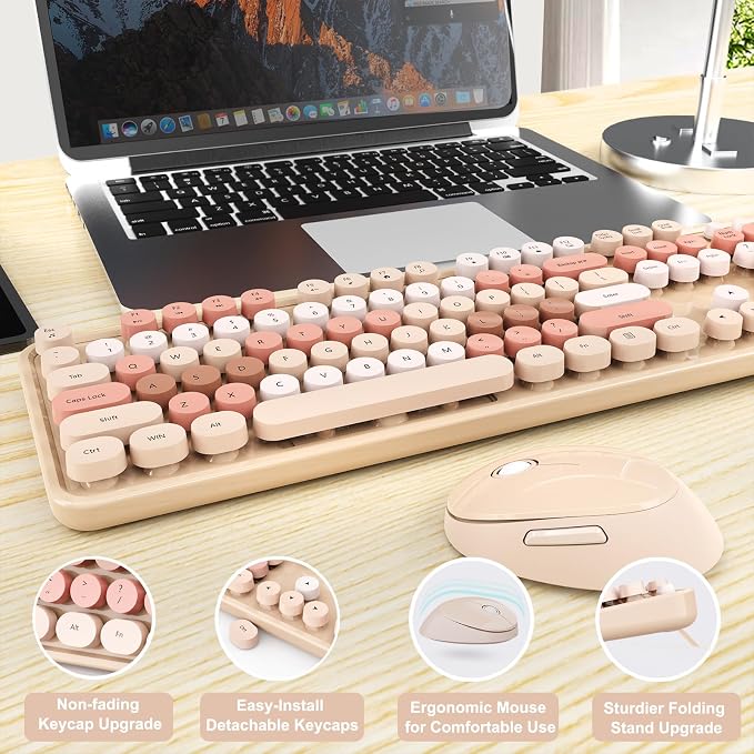 Wireless Keyboard and Mouse Combo, Ergonomic Full Size Typewriter Retro Round Keycaps Keyboard, Compatible with Windows, PC, Perfer for Home and Office Keyboards (Chocolate Color) - Image 6