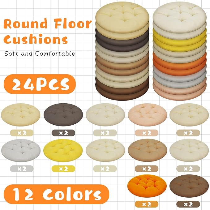 Tinideya 24 Pcs Floor Cushions Classroom,Medium 15.7 Inch,Yellow-Brown | Round Meditation Pillows for Adults Kids, Flexible Seating Nursery Living Room Yoga, Soft Padded Chair Cushion - Image 4