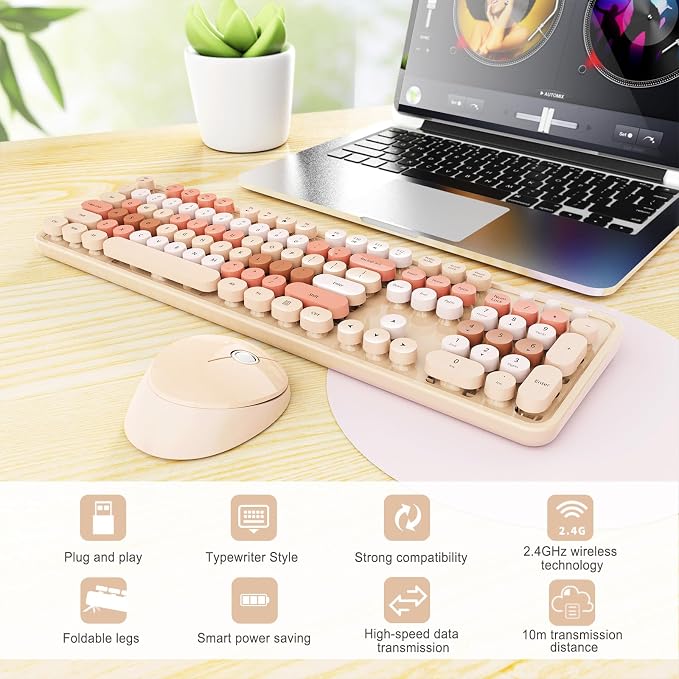 Wireless Keyboard and Mouse Combo, Ergonomic Full Size Typewriter Retro Round Keycaps Keyboard, Compatible with Windows, PC, Perfer for Home and Office Keyboards (Chocolate Color) - Image 3