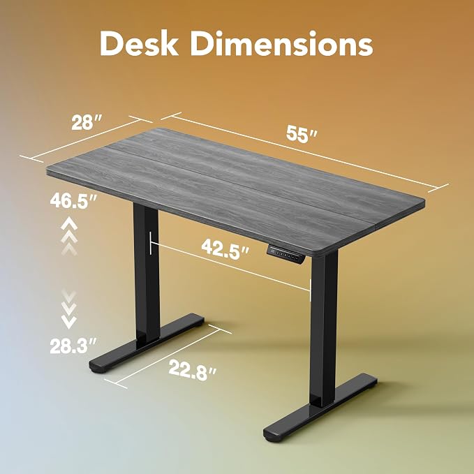 HUANUO 55x28 Inch Electric Standing Desk, Height Adjustable, Grey | 176 Lbs Capacity, Smooth Home Office Desk, 4 Memory Presets & Headphone Hooks, 28.3–46.5 Inch Height Range, Easy to assemble - Image 3