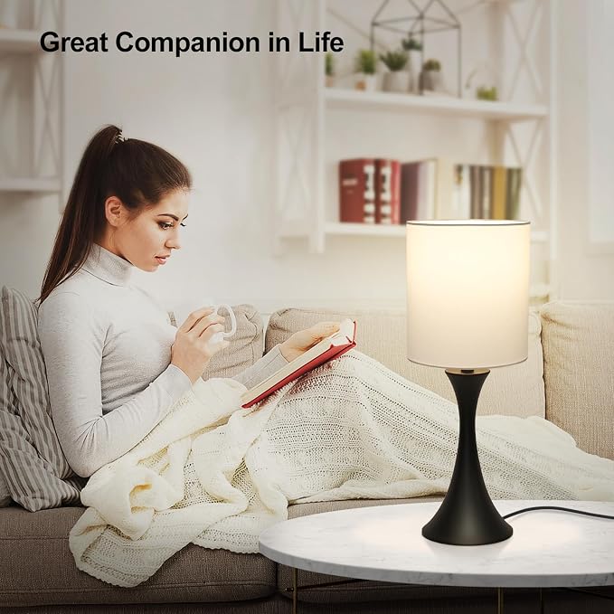 3 Way Touch Control Table Lamp, Modern Bedside Lamp for Bedroom, Dimmable Black Nightstand Lamp White Shade Desk Reading Light for Living Room Office Dorm, 3000K LED Bulb Included - Image 5