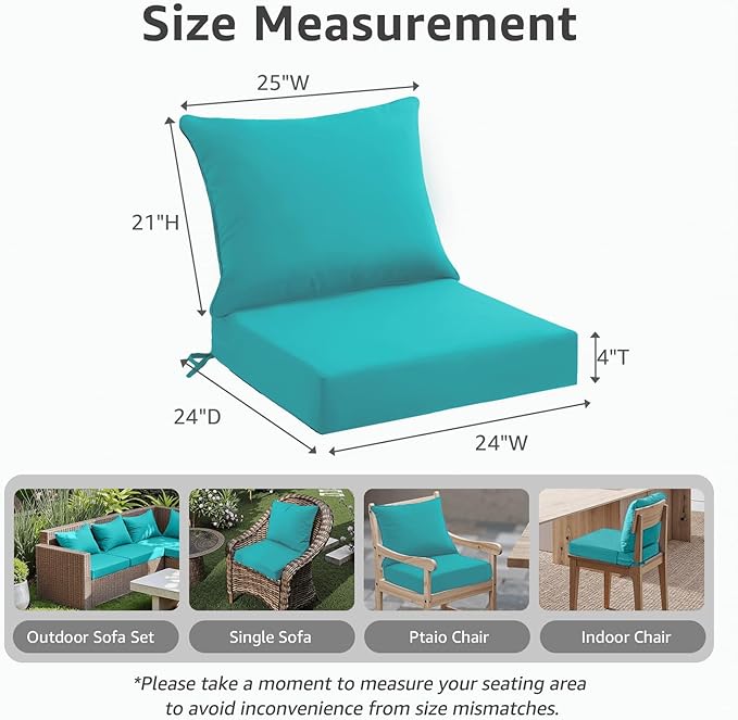 PatioGlow Outdoor Seat Cushion Set 24 x 24 x 4 Inch, Waterproof & Fade Resistant Patio Furniture Cushions with Removable Cover and Ties, Thick Deep Seating Pads for Outside Chair Sofa Couch, Teal - Image 4