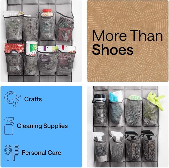 GORILLA GRIP Over the Door Shoe Organizer, 24 Extra Large Pockets, Gray | Breathable Mesh Pocket, Space Saving Hanging Storage Holder, Closet Rack Hanger for Shoes, Pantry and Bathroom Accessories - Image 6