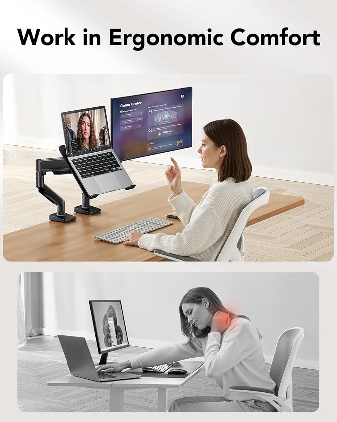 HUANUO 2 in 1 Function Laptop Mount with Tray, Fits 13-34″ Monitors & Up to 17″ Notebook, Ergonomic Laptop Arm with Full Motion Adjustment, Laptop Stand for Desk, VESA 75x75mm/100x100mm - Image 3