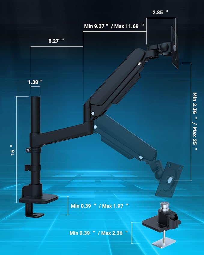 Heavy Duty Monitor Arm for 13-49 Inch Ultrawide Screens, Holds Up to 44lbs, Fully Adjustable Single Monitor Mount, with Clamp & Grommet Base, 75/100mm VESA Desk Mount, Black - Image 8