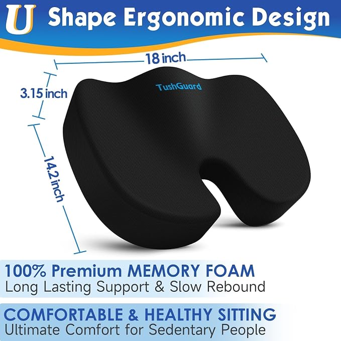Seat Cushion for Office Chair, Car, Memory Foam, Black Large | For Back, Coccyx, Sciatica, Tailbone, Ergonomic Design, Non-Slip, Desk Wheelchair Use, Supportive Butt Pillow, For Man - Image 2