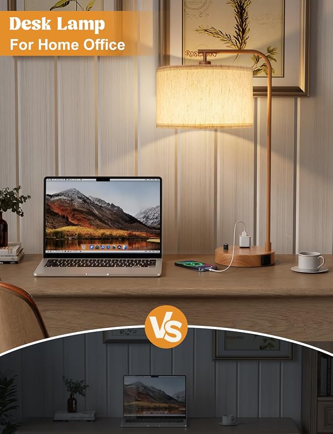 Innqoo Wood Table Lamp for Bedroom with USB Port and Outlet, Dimmable Nightstand Bedside Lamps with Linen Lampshade, Desk Lamp for Home Office, Living Room, Guest Room, LED Bulb Included - Image 4