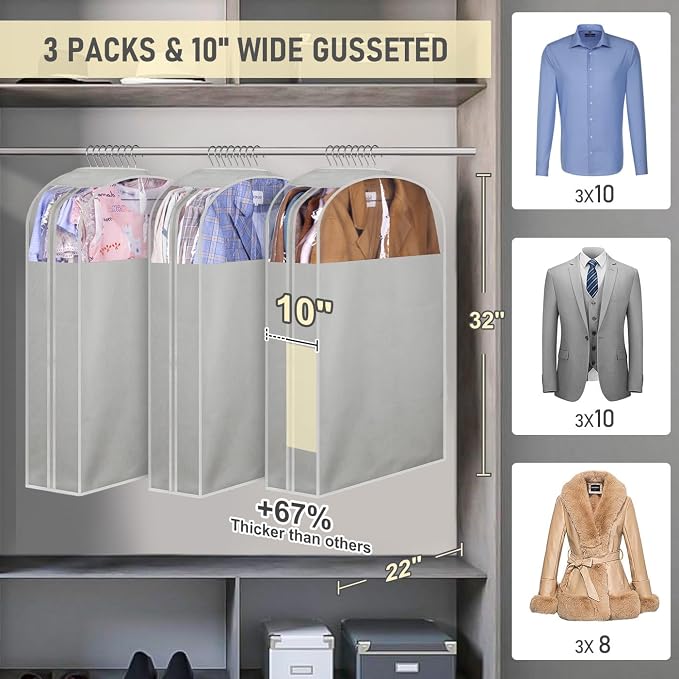 MISSLO 10" Gusseted Garment Bags for Hanging Clothes 32" Suit Bags for Closet Storage Clothing Covers for Shirts, Coats, 3 Packs, Grey - Image 2