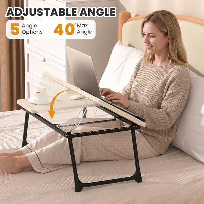 Laptop Bed Desk, 5-Angle Adjustable Bed Laptop Table with Cup Holder | Foldable Laptop Stand for Couch & Sofa, Portable Laptop Tray for Adults Writing Reading Eating, Beige - Image 3
