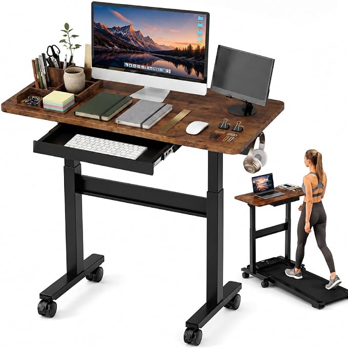 35" Pneumatic Standing Desk for Walking Pad with Wheels Drawer, Dark Wood | Height Adjustable Rolling Desk, Mobile Computer Workstation with Hook Locking Casters for Treadmill & Home Office by DAWNYIELD