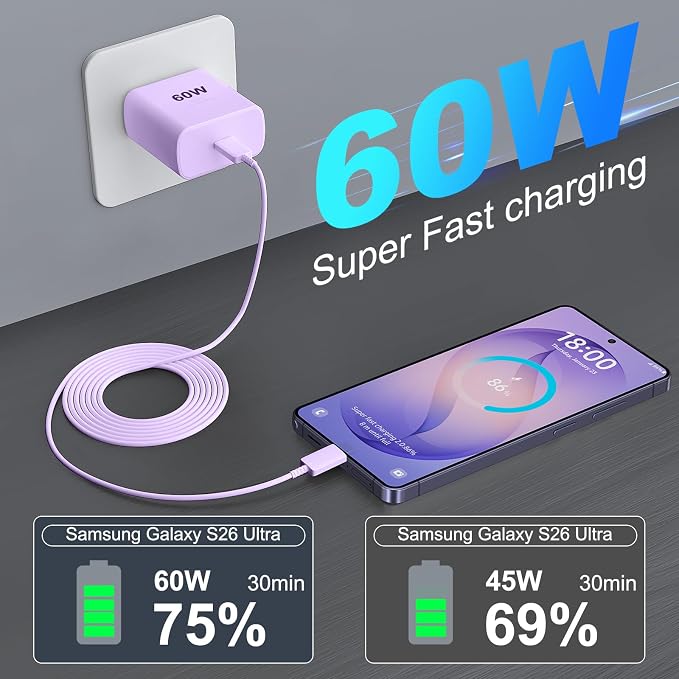 Super Fast Charger Type C 60W USB C Fast Charger Block with 10FT Extra Long Type-C Charging Cord-Super Fast Charging 3.0 for Samsung Galaxy S26 Ultra/S26/S26+/S25 /S24/S23 Ultra-Light Purple - Image 3