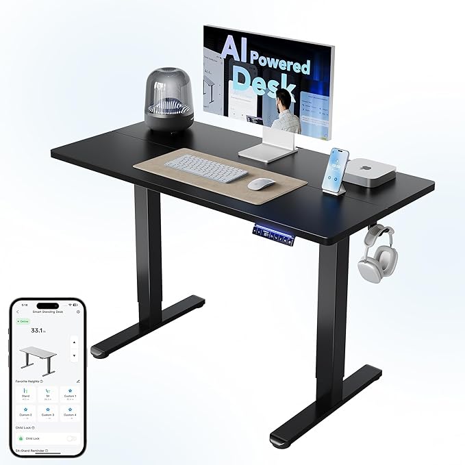 HUANUO 48" AI Smart Standing Desk with App-Synced Sedentary Reminders, Electric Height Adjustable Desk with Body-Data Ergonomic Presets, Voice Control Alexa/Google/Siri, 3 Memory Settings Table, Black by HUANUO