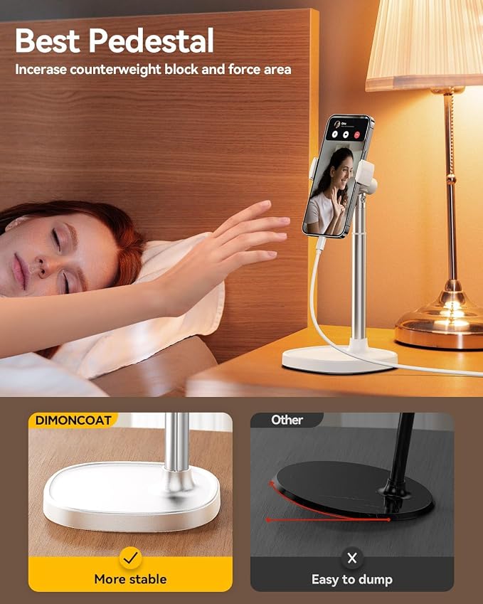 DIMONCOAT Phone Stand for Desk Angle Height Adjustable Phone Holder iPhone | Aluminum Alloy Universal iPhone Holder, Retractable Cell Phone Stand Recording Office for iPhone 17 16 15 Pro Max S26 -White - Image 6