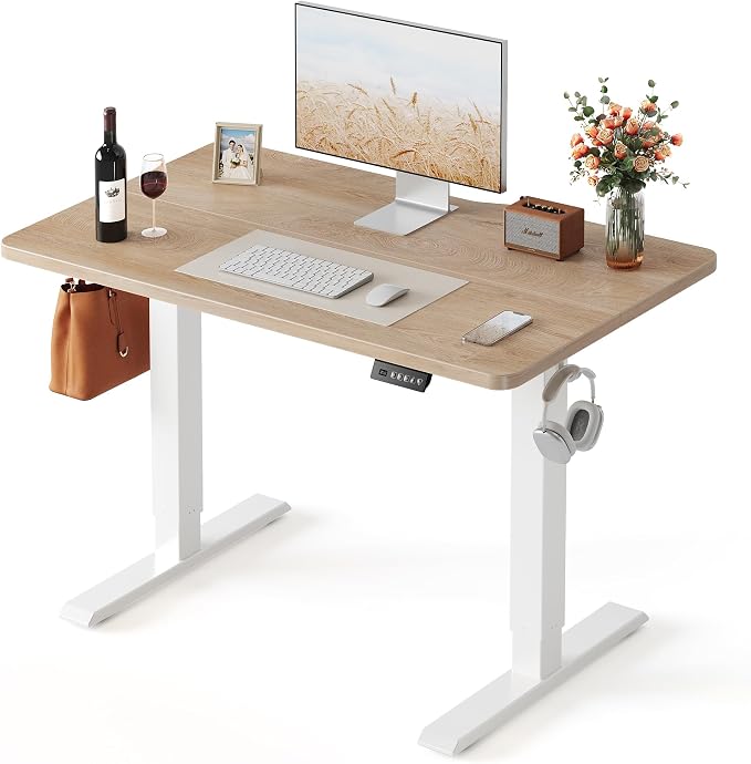 FEZIBO 40 x 24 Inchs Electric Standing Desk, Height Adjustable, Sit Stand Up, Computer Office Desk with Splice Board, White Frame/Maple Top | Sit and Stand Up Adjustable Desk, Home Office Computer Desk with 3 Customizable Memory Presets by FEZIBO