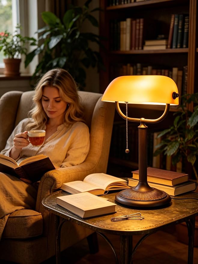 1-Minute Quick-Change Shade Matted Amber Glass Bankers Desk Lamp | Antique Plug in Fixture for Study Office Library,LED Bulb Included - Image 6