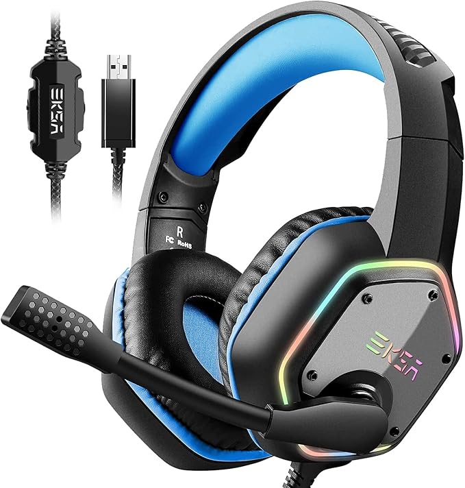 EKSA E1000 Gaming Headset, Computer Headphones with Noise Canceling Mic & RGB Light, 7.1 Surround Sound, Compatible with PC, PS4 PS5 Console, Laptop (Blue) by EKSA