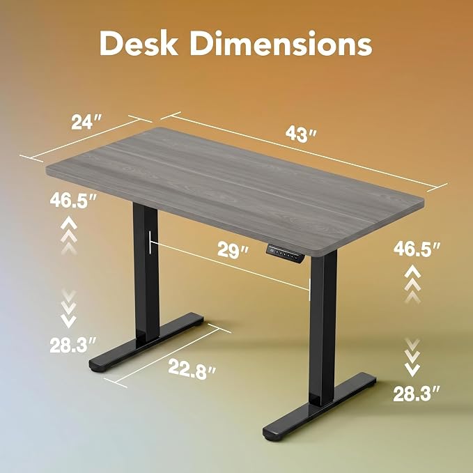 HUANUO 43x24 Inch Electric Standing Desk, Height Adjustable, Grey | 176 Lbs Capacity, Smooth Home Office Desk, 4 Memory Presets & Headphone Hooks, 28.3–46.5 Inch Height Range, Easy to assemble - Image 3