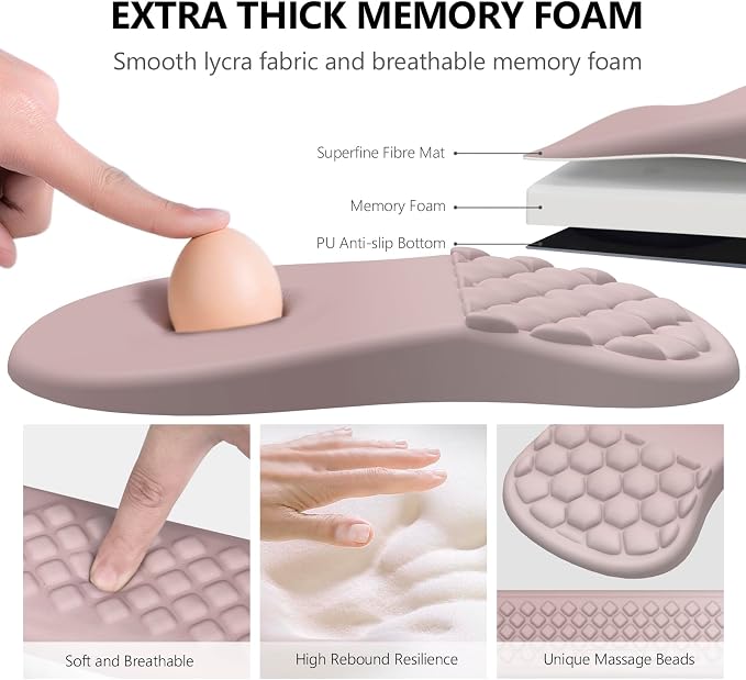 Ergonomic Mouse Pad Wrist Support, 2 in 1 Keyboard Wrist Rest Set | Memory Foam, 15° Ergonomic Slope, Massage Bead Design, Non-Slip PU Base, Lycra Fabric, for Office & Gaming, Gradient Pink - Image 3