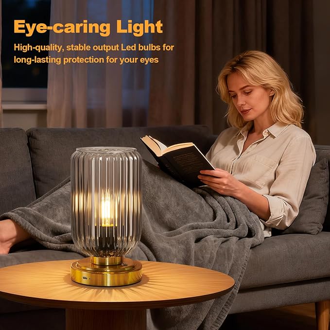 LightRound Cordless Table Lamp for Bedroom, Touch Stepless Dimmable | 7500mAh Rechargeable Battery, Gray Glass Shade, Brushed Gold Base, Bulb Included, Modern Wireless Lamp for Desk, Living Room - Image 4