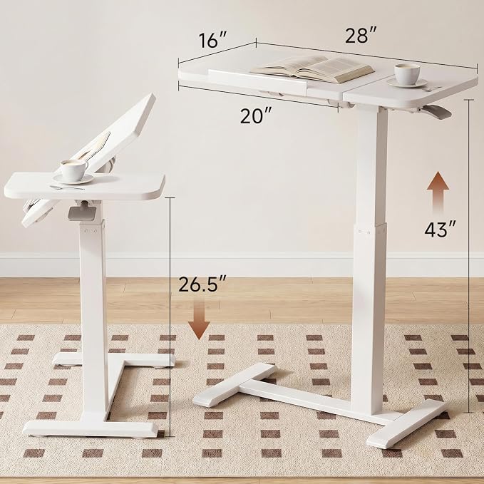 GTPLAYER Pneumatic Adjustable Standing Desk, 28 Inch Tiltable Mobile Rolling Laptop Table with Wheels, Overbed Bedside Table Computer Workstation for Home Office, White - Image 2