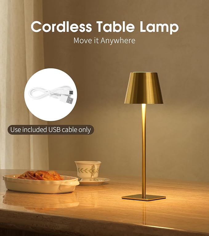 UME 3 Pack Cordless Table Lamp, Battery Operated Lamp - Portable Waterproof Rechargeable Table Lamp w/ 3 Color Temps & Stepless Dimming for Dinner, Desk, Cafe, Outdoor (Brushed Gold) - Image 2