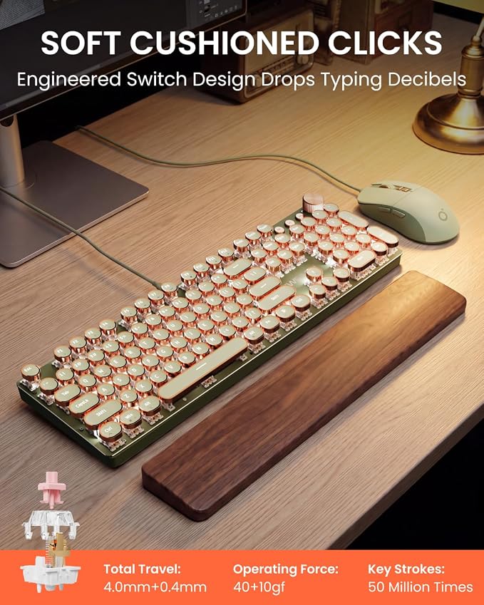 SEUNKWANG Wired Typewriter Keyboard and Mouse Combo, Retro Mechanical Keyboard with Multimedia Knob, White Backlit, Metal Panel, Low Noise Pink Switch Keyboard Mouse Set for PC Laptop - Green - Image 2