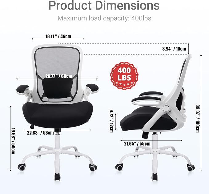 400lbs Heavy Duty Office Chair, Computer Desk Chair(White&Black) | Office and Home, 5" Thickened Seat, Ergonomic with Adjustable Armrests, Mesh Executive Chair - Image 3