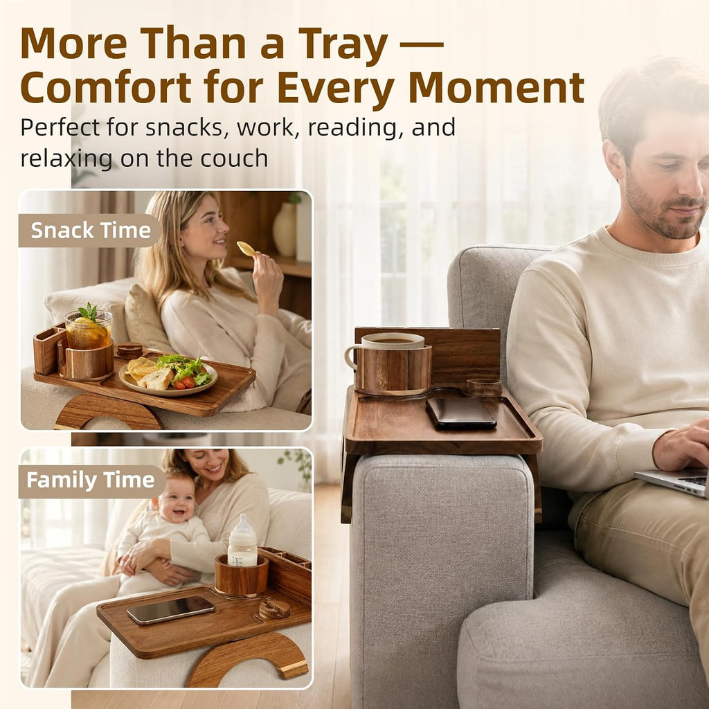 Couch Armrest Table, 4-in-1 Solid Acacia Wood Non-Slip Sofa Armrest Tray with Cup Holder, Phone Stand & Remote Control Slot for Drinks, Snacks & Remotes - Image 7