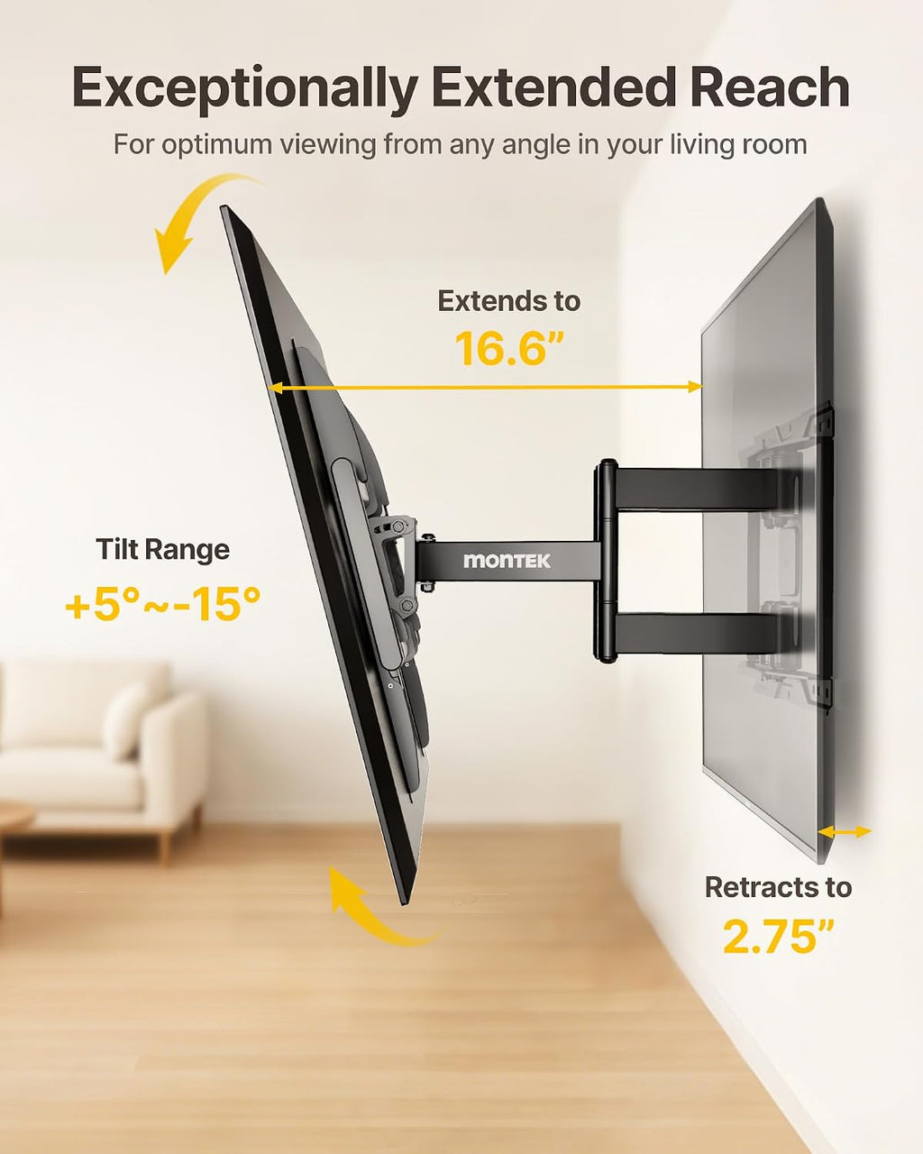 monTEK Heavy Duty Full Motion TV Wall Mount for 37-90 Inch TVs up to 165 lb - Image 6