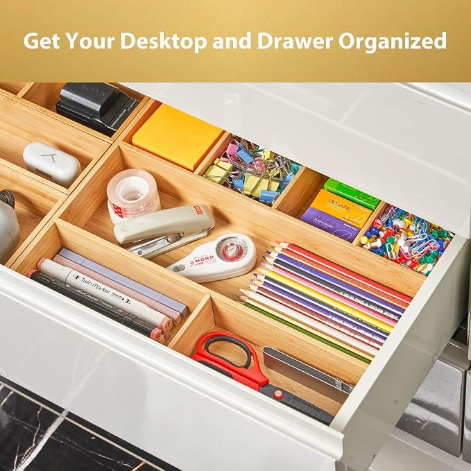Large Bamboo Desk Drawer Organizer, Wood Office Junk Tray, 15"x12" | 2.4" Tall for Deep Drawer - Adjustable slots - Anti Slip Silicone Pads - Versatile Storage Box in Kitchen, Pantry - Image 3