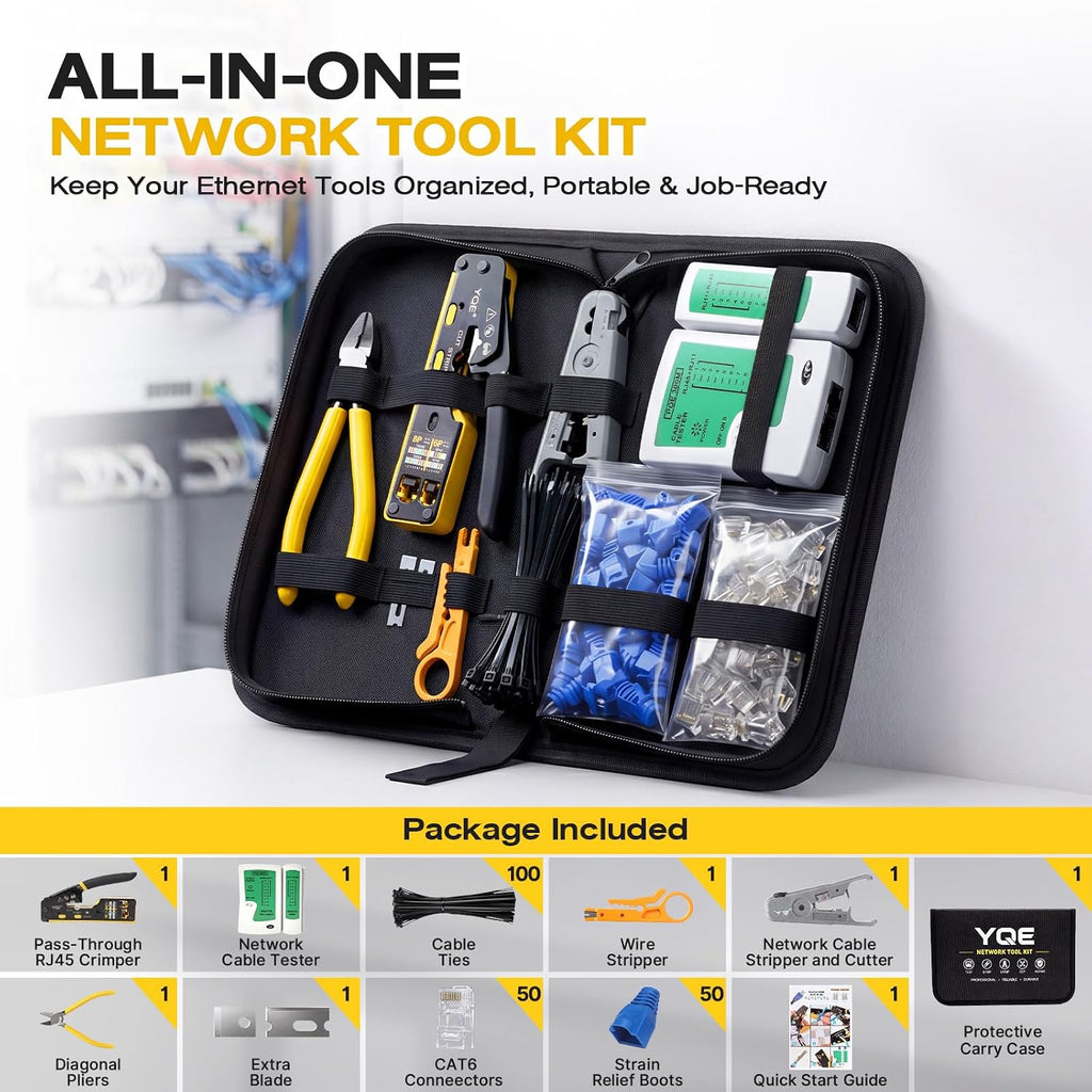 YQE RJ45 Crimp Tool Kit, Pass Through Ethernet Crimper, Crimping Tool, Network Tool Kit for Cat5, Cat5e, Cat6, RJ45, RJ11, RJ12 w/Carrying Case, Cable Tester, Stripper, Cutter, 50 Connectors & Boots - Image 2