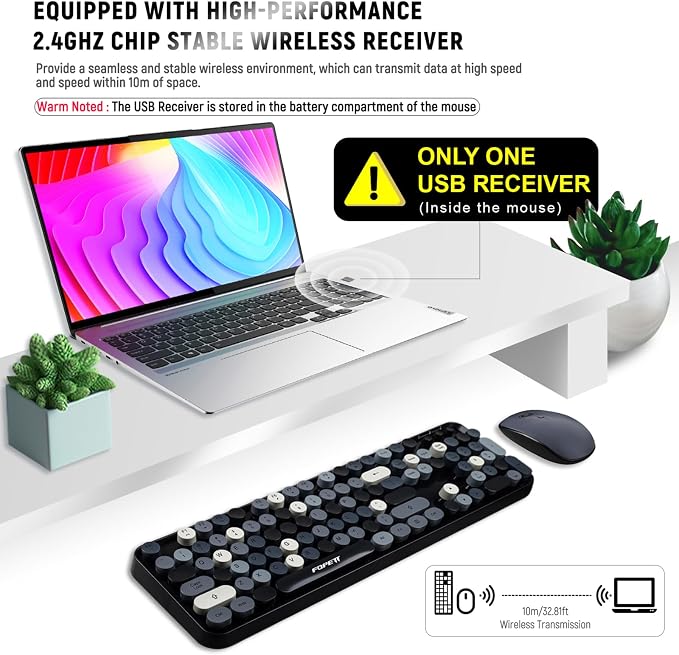 Wireless Keyboard and Mouse Combo - 2.4G Full-Sized Cute Colorful Retro Keyboard with Round Keycaps 104 Keys Typewriter Keyboard for Laptop/Windows/PC - Grey Colorful - Image 2