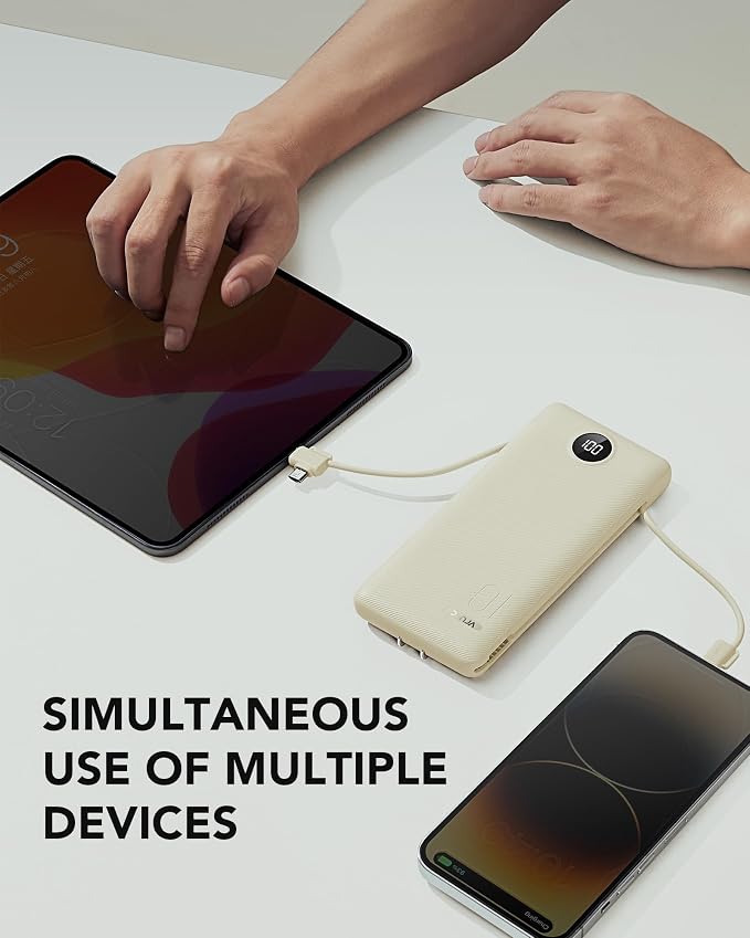 Portable Charger Built-in Cables and AC Wall Plug, USB C Power Bank 10000mAh, Travel Battery Portable Phone Charger Compact Lightweight External Battery Pack for Smart Phones, Tablets etc-Light Coffee - Image 6
