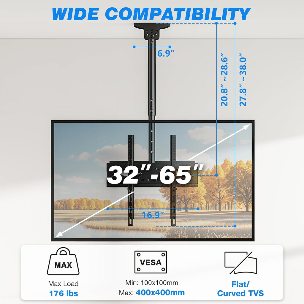 Rfiver Dual Ceiling TV Mount, 360° Swivel Tilt Bracket for 32-65 Inch TVs - Image 2