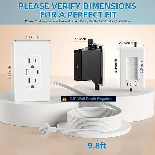 in Wall Cable Management Kit,Recessed Outlet Box for Wall Mount TV,Recessed Power Box with AC/USB-C/USB-A Ports & 9.8ft Extender for Unreachable Outlets,Hide TV Cords & Cables - Image 2