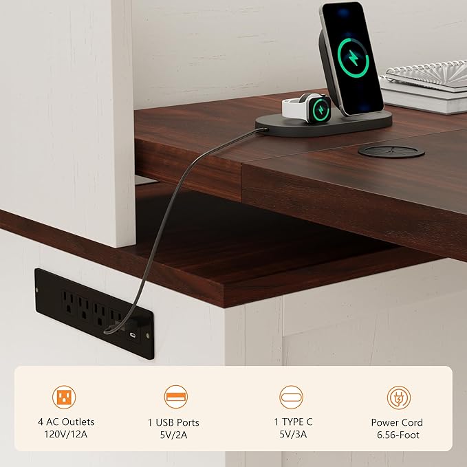71" LED L Shaped Standing Desk with Hutch and Drawers White | Farmhouse Adjustable Corner Desk, Sit Stand Office Deskwith 4 AC Outlets & Type C, Executive Computer Desk with Cabinet - Image 6