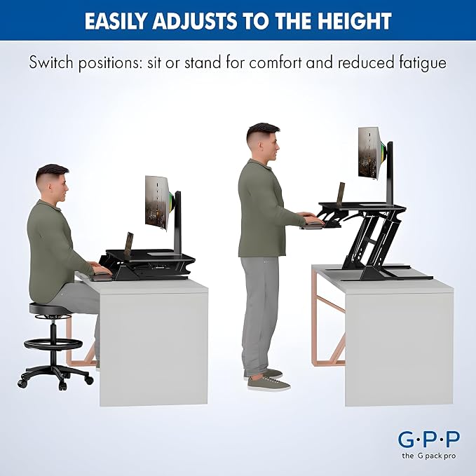 Standing Desk Converter 40 Inch, Height Adjustable to 17.3 Inches | Dual Monitor Work Surface With Keyboard Tray, Steel Frame, and Smooth Manual Lift for Home Office Setups - Image 5