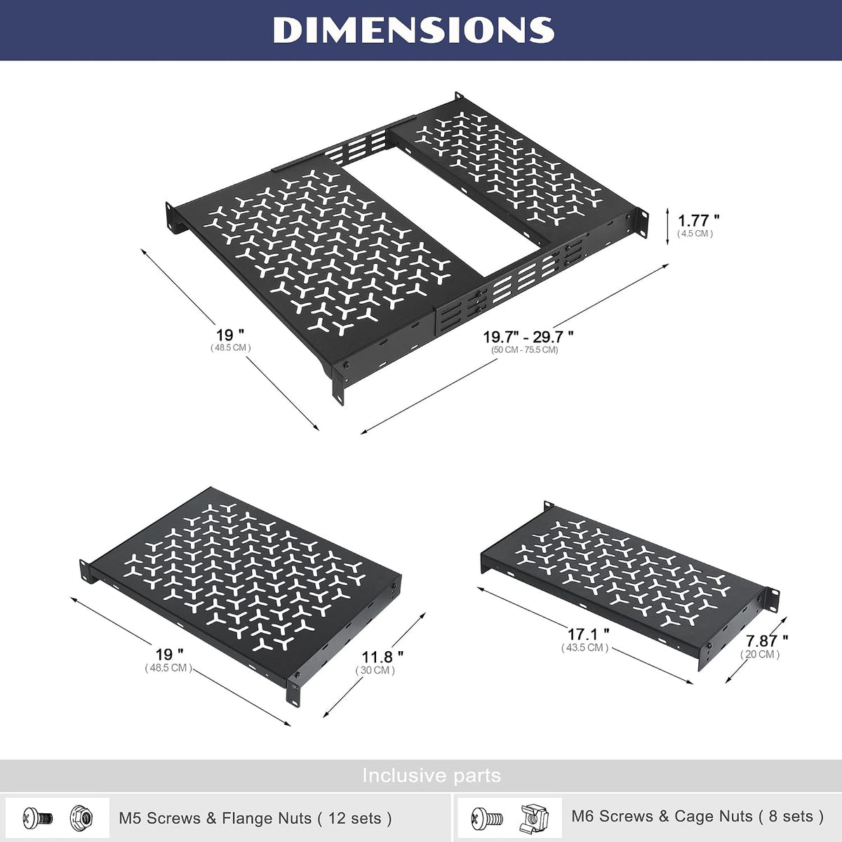 1U Rack Shelves (2-Pack), 1 PCS 8" Deep Cantilever & 1 PCS 12" Deep Cantilever, with Optional Joints to Combine as One Full Size Server Rack Shelf - Image 2