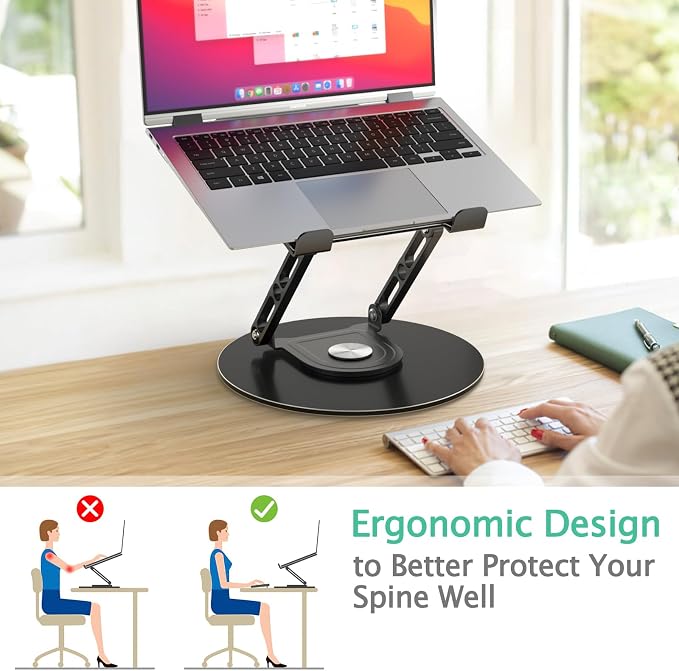 Laptop Stand for Desk Adjustable Computer Stand with 360 Rotating Base Ergonomic Laptop Riser Mount for Desk Foldable Protable Computer Desk Fits with MacBook Pro Air, Round Black - Image 2