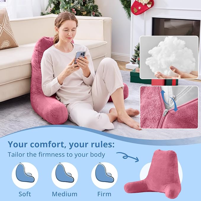 Sasttie Reading Pillow for Bed, Back Pillow for Sitting Up, Rose Pink | 25" Backrest Support Cushion for Couch, Sofa, and Floor, Dorm Essentials, OEKO-TEX, Adjustable Down Alternative Fill - Image 3