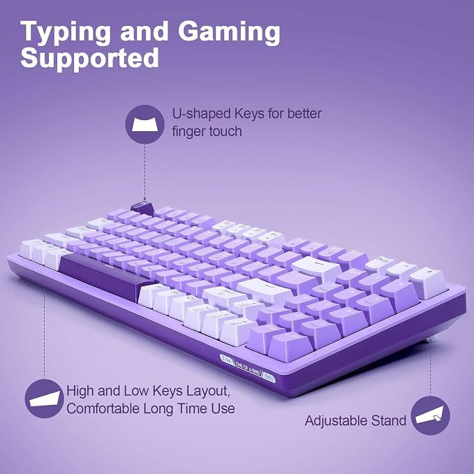 HUO JI Mechanical Gaming Keyboard USB Wired Compact with Number Pad | Purple Led Backlit, Red Switch, Detachable Type C Cable, 94 Keys for PC/Computer/Laptop, Purple and White - Image 4